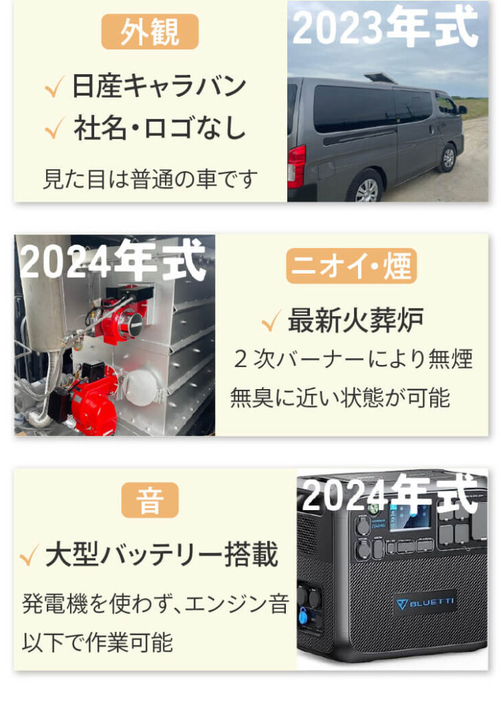 最新火葬車（外観・ニオイ・煙・音にも）近隣迷惑に配慮